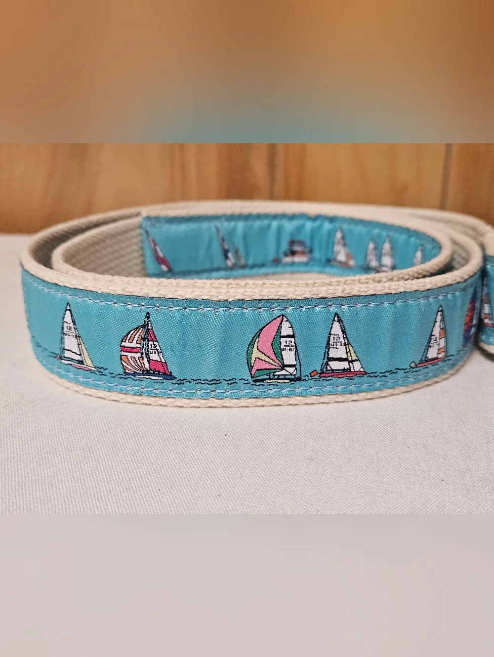 The Belted Cow Sail Boat Ship Blue Canvas Belt Men Size L Nautical L.L. BEAN
